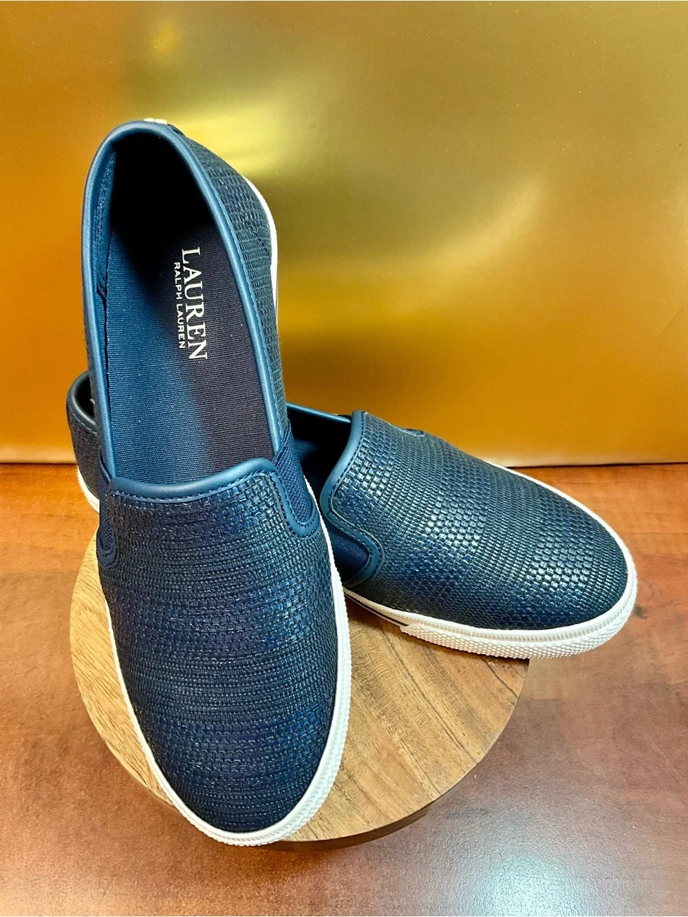 Lauren Ralph Lauren Navy Woven Slip-On Loafers with Cream Sole